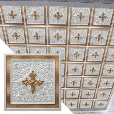 Modern Floral Pearl White Gold Glue Up or Lay In, PVC 3D Decorative Ceiling Panel, 2 ft X 2 ft (60cm X 60cm), 4 sq ft (0.37 sq m) each - Single