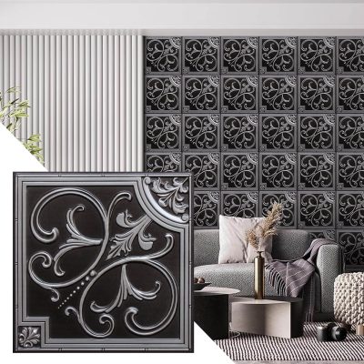 Vintage Botanical Antique Silver Glue Up or Lay In, PVC 3D Decorative Ceiling Panel, 2 ft X 2 ft (60cm X 60cm), 4 sq ft (0.37 sq m) each - Single