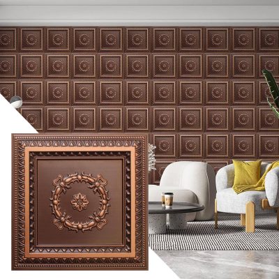 Rustic Traditional Antique Copper Glue Up or Lay In, PVC 3D Decorative Ceiling Panel, 2 ft X 2 ft (60cm X 60cm), 4 sq ft (0.37 sq m) each - Single