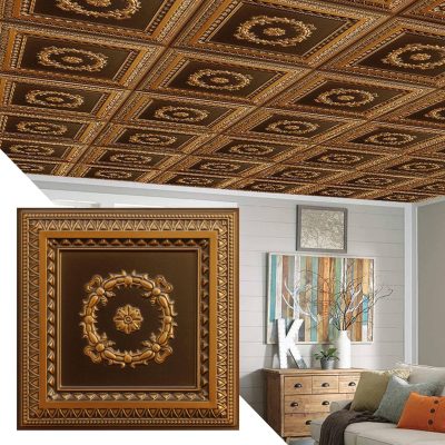 Rustic Traditional Antique Gold Glue Up or Lay In, PVC 3D Decorative Ceiling Panel, 2 ft X 2 ft (60cm X 60cm), 4 sq ft (0.37 sq m) each - Single