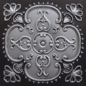 Rustic Floral Antique Silver Glue Up or Lay In, PVC 3D Decorative Ceiling Panel, 2 ft X 2 ft (60cm X 60cm), 4 sq ft (0.37 sq m) each - Single