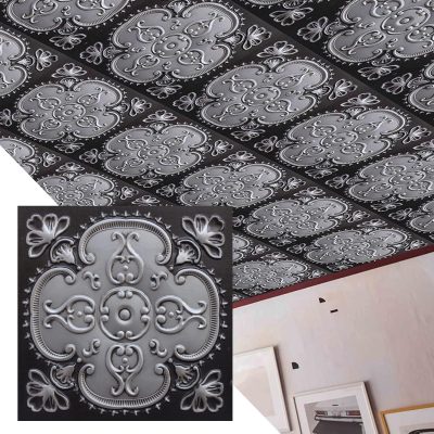 Rustic Floral Antique Silver Glue Up or Lay In, PVC 3D Decorative Ceiling Panel, 2 ft X 2 ft (60cm X 60cm), 4 sq ft (0.37 sq m) each - Single