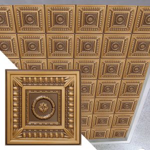 Rustic Botanical Antique Gold Glue Up or Lay In, PVC 3D Decorative Ceiling Panel, 2 ft X 2 ft (60cm X 60cm), 4 sq ft (0.37 sq m) each - Single