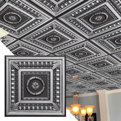 Rustic Botanical Antique Silver Glue Up or Lay In, PVC 3D Decorative Ceiling Panel, 2 ft X 2 ft (60cm X 60cm), 4 sq ft (0.37 sq m) each - Single