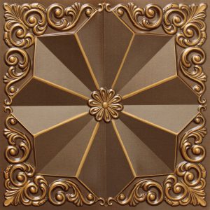 Rustic Floral Antique Gold Glue Up or Lay In, PVC 3D Decorative Ceiling Panel, 2 ft X 2 ft (60cm X 60cm), 4 sq ft (0.37 sq m) each - Single