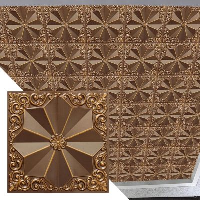 Rustic Floral Antique Gold Glue Up or Lay In, PVC 3D Decorative Ceiling Panel, 2 ft X 2 ft (60cm X 60cm), 4 sq ft (0.37 sq m) each - Single