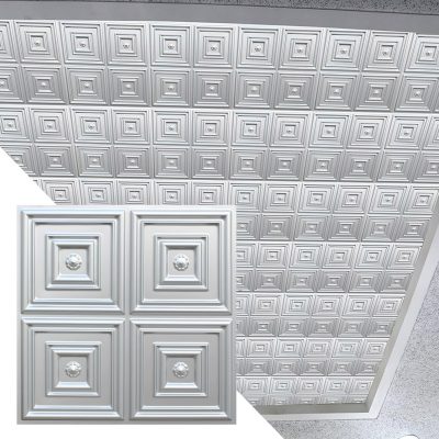 Modern Patchwork Silver Glue Up, PVC 3D Decorative Ceiling Panel, 2 ft X 2 ft (62cm X 62cm), 4 sq ft (0.37 sq m) each - Single