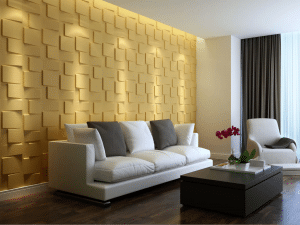 living room with patterned 3d wall