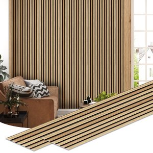 Dundee Deco Slat Wall Panels - Faux Wood Styrofoam Wall Paneling for Interior and Exterior Walls - Extra Long Fluted Acoustic Wall Panels, Easy DIY Installation, Modern Wood Slats for Accent Walls - Caramel, 106 in x 10 in, Pack of 3, Total Coverage 22 sq ft