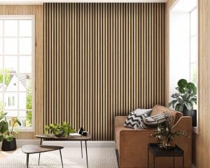 Dundee Deco Slat Wall Panels - Faux Wood Styrofoam Wall Paneling for Interior and Exterior Walls - Extra Long Fluted Acoustic Wall Panels, Easy DIY Installation, Modern Wood Slats for Accent Walls - Caramel, 106 in x 10 in, Pack of 3, Total Coverage 22 sq ft