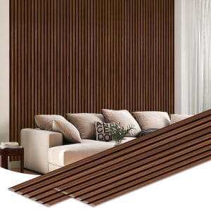 Dundee Deco Slat Wall Panels - Faux Wood Styrofoam Wall Paneling for Interior and Exterior Walls - Extra Long Fluted Acoustic Wall Panels, Easy DIY Installation, Modern Wood Slats for Accent Walls - Auburn, 106 in x 10 in, Pack of 3, Total Coverage 22 sq ft