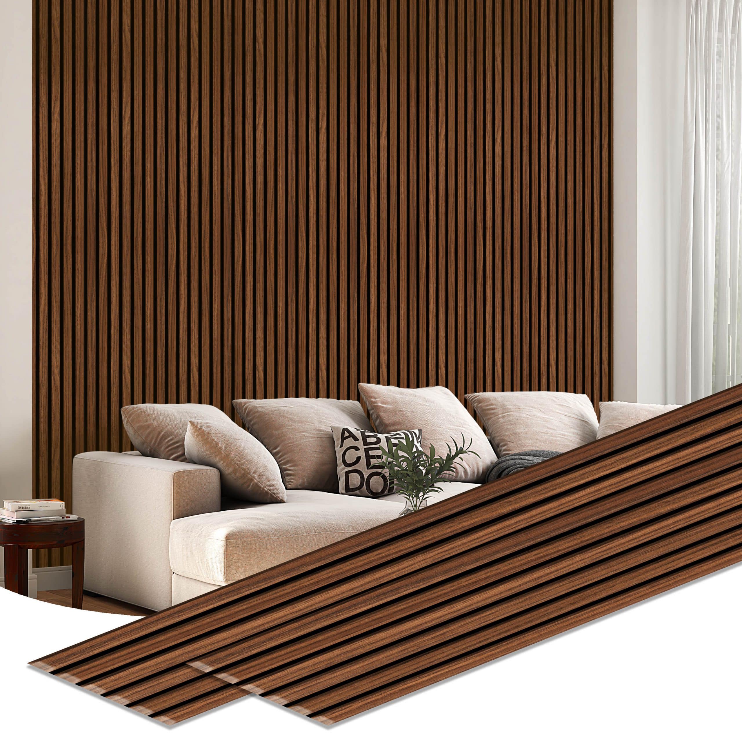 Dundee Deco Slat Wall Panels - Faux Wood Styrofoam Wall Paneling for Interior and Exterior Walls - Extra Long Fluted Acoustic Wall Panels, Easy DIY Installation, Modern Wood Slats for Accent Walls - Auburn, 106 in x 10 in, Pack of 3, Total Coverage 22 sq ft