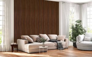 Dundee Deco Slat Wall Panels - Faux Wood Styrofoam Wall Paneling for Interior and Exterior Walls - Extra Long Fluted Acoustic Wall Panels, Easy DIY Installation, Modern Wood Slats for Accent Walls - Auburn, 106 in x 10 in, Pack of 3, Total Coverage 22 sq ft