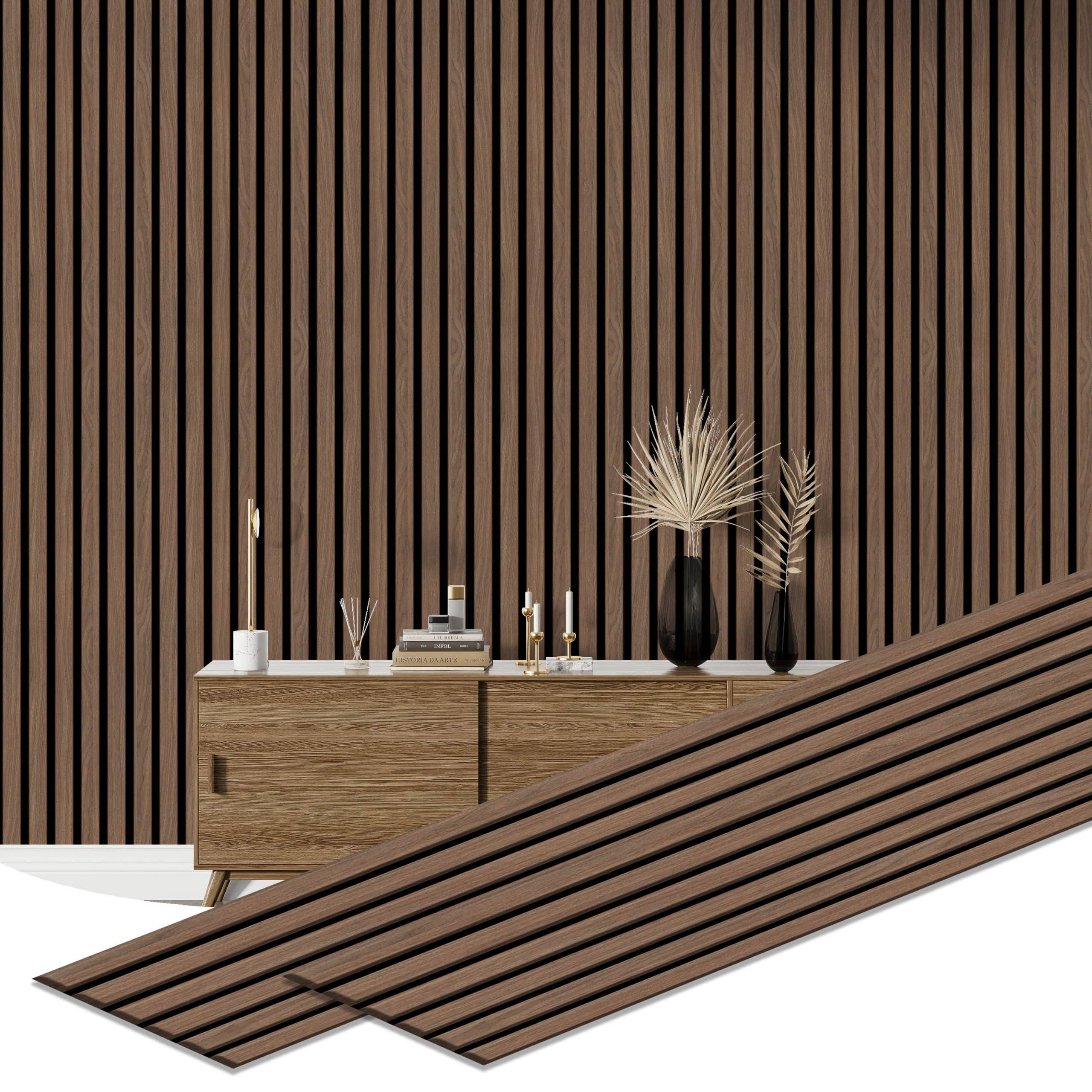 Dundee Deco Slat Wall Panels - Faux Wood Styrofoam Wall Paneling for Interior and Exterior Walls - Extra Long Fluted Acoustic Wall Panels, Easy DIY Installation, Modern Wood Slats for Accent Walls - Walnut Brown, 106 in x 10 in, Pack of 3, Total Coverage 22 sq ft