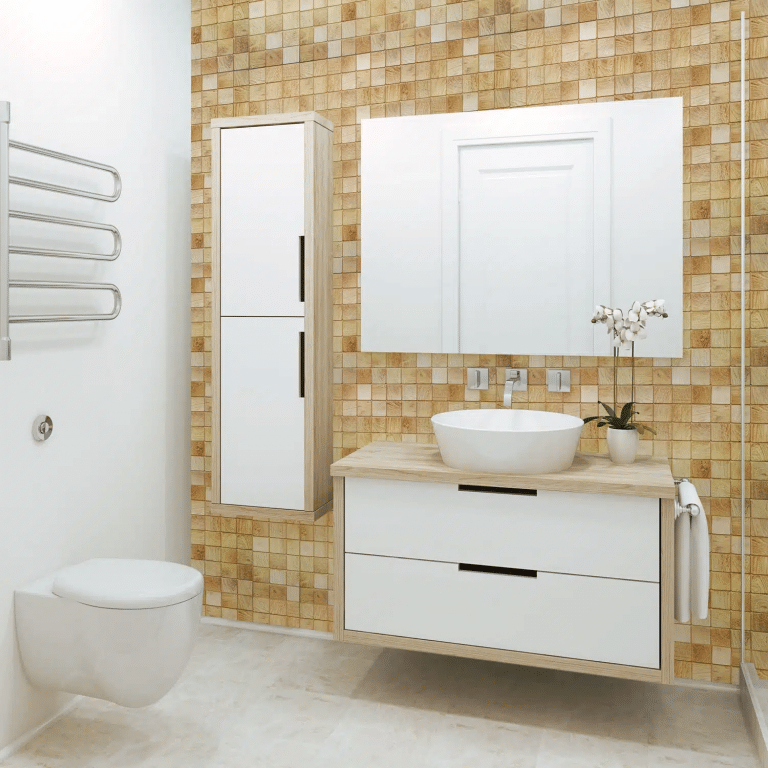 bathroom with faux timber wallpaper