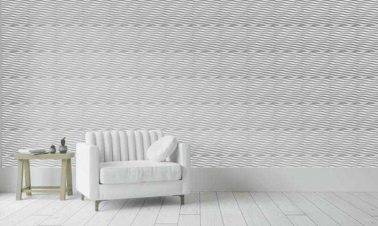 living area with white 3d wall panels