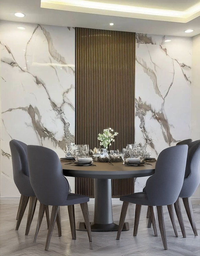 marble wall panels in dining area