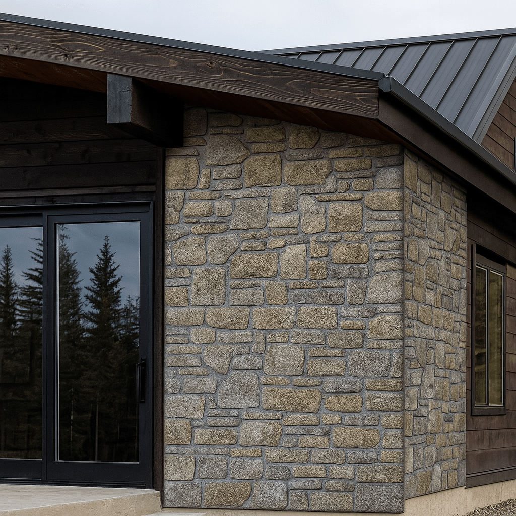 faux stone wall facade cabin