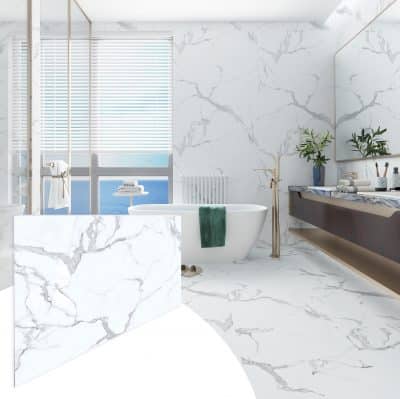 white faux marble panels in bathroom