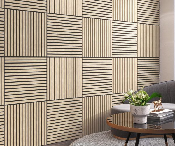 Acoustic panels Wood in Brown|Beige wooden slats on entire wall with sofa and coffee table