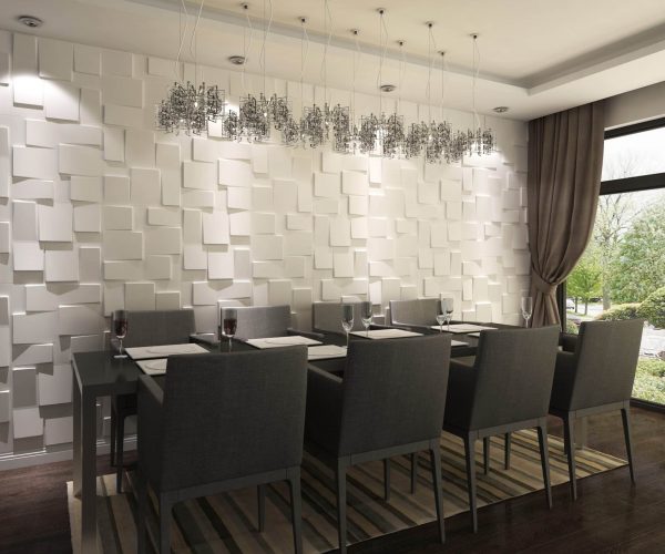 dining table with off-white geometric steps, fiber 3D wall panel